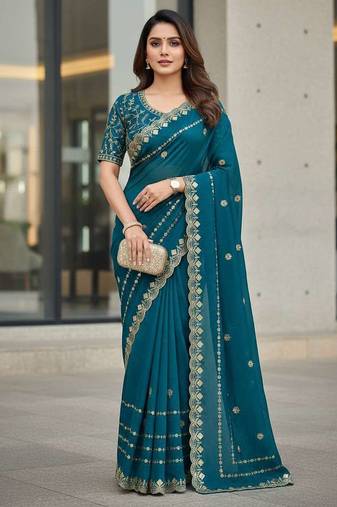 Teal velvet embroidered thread work heavy look ethnic saree with blouse