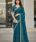 Teal velvet embroidered thread work heavy look ethnic saree with blouse