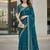 Teal velvet embroidered thread work heavy look ethnic saree with blouse