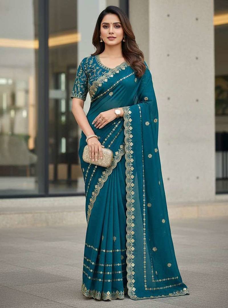 Teal velvet embroidered thread work heavy look ethnic saree with blouse