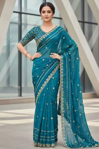 Teal velvet embroidered thread work heavy look ethnic saree with blouse