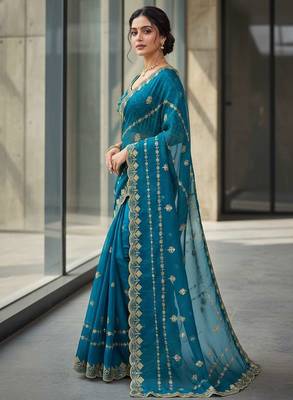Teal velvet embroidered thread work heavy look ethnic saree with blouse 3