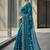 Teal velvet embroidered thread work heavy look ethnic saree with blouse
