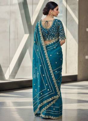 Teal velvet embroidered thread work heavy look ethnic saree with blouse 4