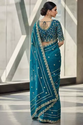 Teal velvet embroidered thread work heavy look ethnic saree with blouse
