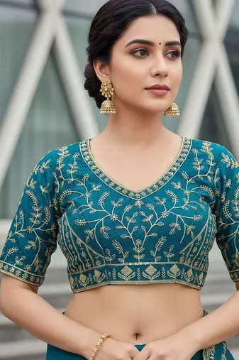 Teal velvet embroidered thread work heavy look ethnic saree with blouse