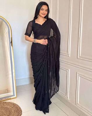 Black faux georgette embroidered sequins work heavy look ethnic saree with blouse 1