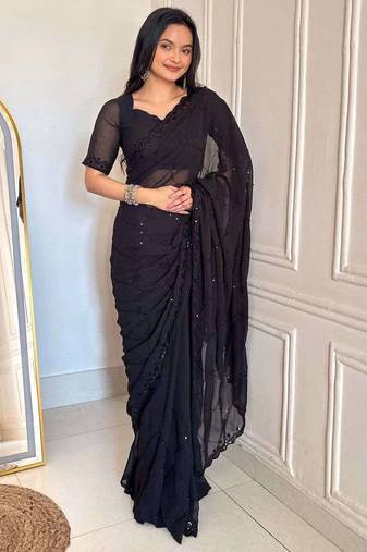 Black faux georgette embroidered sequins work heavy look ethnic saree with blouse