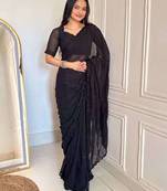 Black faux georgette embroidered sequins work heavy look ethnic saree with blouse