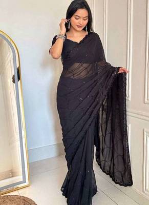 Black faux georgette embroidered sequins work heavy look ethnic saree with blouse 2