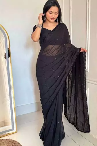 Black faux georgette embroidered sequins work heavy look ethnic saree with blouse