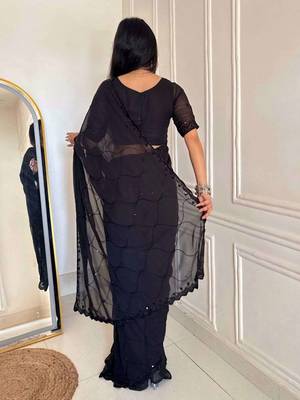 Black faux georgette embroidered sequins work heavy look ethnic saree with blouse 3