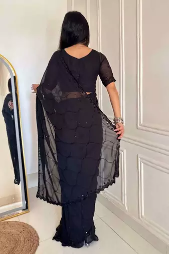 Black faux georgette embroidered sequins work heavy look ethnic saree with blouse