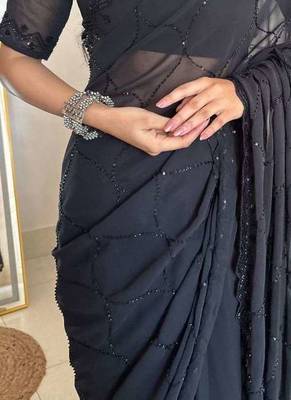 Black faux georgette embroidered sequins work heavy look ethnic saree with blouse 4