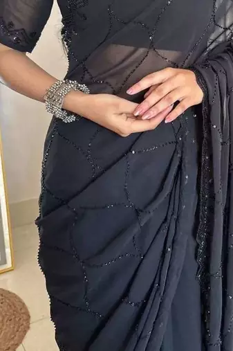 Black faux georgette embroidered sequins work heavy look ethnic saree with blouse