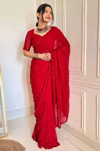 Red faux georgette embroidered sequins work heavy look ethnic saree with blouse