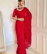 Red faux georgette embroidered sequins work heavy look ethnic saree with blouse