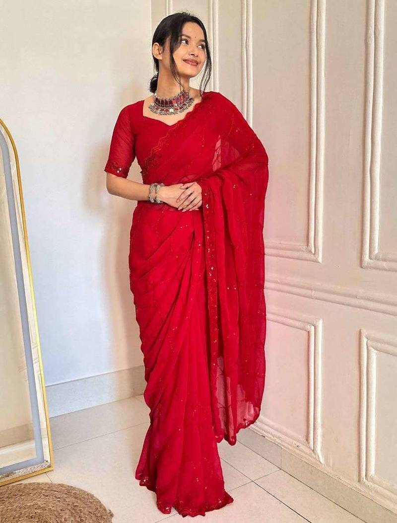 Red faux georgette embroidered sequins work heavy look ethnic saree with blouse
