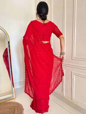 Red faux georgette embroidered sequins work heavy look ethnic saree with blouse 2