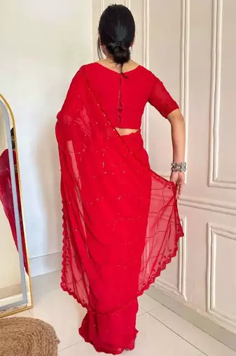 Red faux georgette embroidered sequins work heavy look ethnic saree with blouse