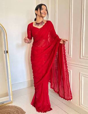 Red faux georgette embroidered sequins work heavy look ethnic saree with blouse 3