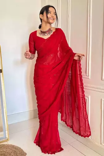 Red faux georgette embroidered sequins work heavy look ethnic saree with blouse