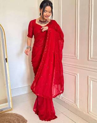 Red faux georgette embroidered sequins work heavy look ethnic saree with blouse 4