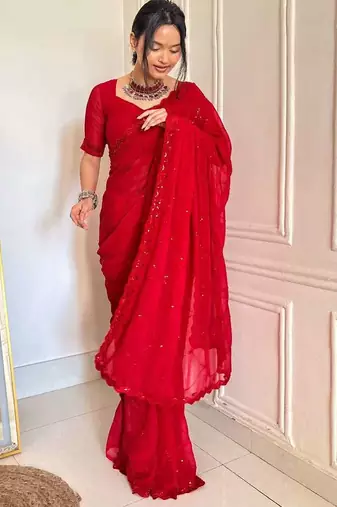 Red faux georgette embroidered sequins work heavy look ethnic saree with blouse