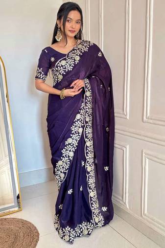 Purple satin embroidered sequins work heavy look ethnic saree with blouse