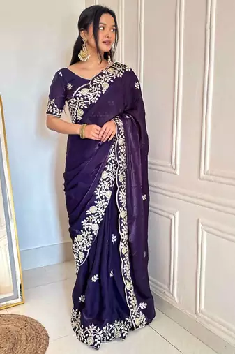 Purple satin embroidered sequins work heavy look ethnic saree with blouse