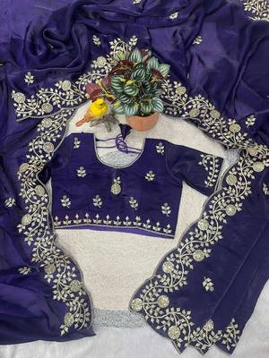 Purple satin embroidered sequins work heavy look ethnic saree with blouse 4