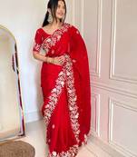 Red satin embroidered sequins work heavy look ethnic saree with blouse