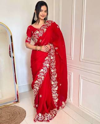 Red satin embroidered sequins work heavy look ethnic saree with blouse 2