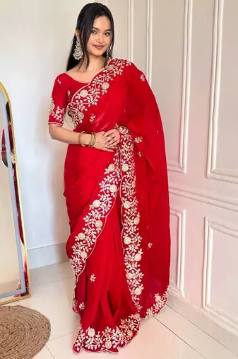 Red satin embroidered sequins work heavy look ethnic saree with blouse