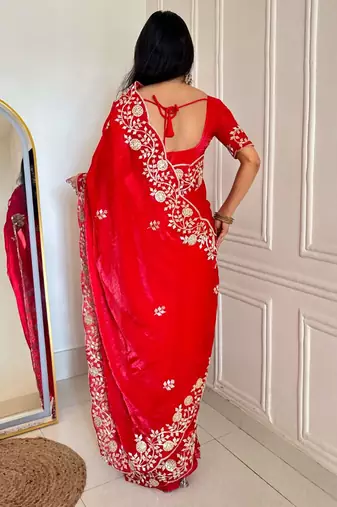 Red satin embroidered sequins work heavy look ethnic saree with blouse