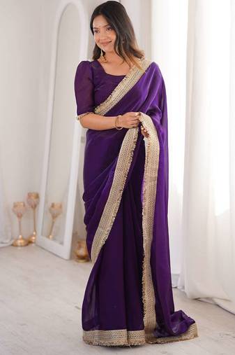 Purple satin embroidered sequins work heavy look ethnic saree with blouse