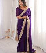 Purple satin embroidered sequins work heavy look ethnic saree with blouse