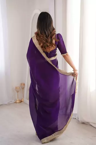 Purple satin embroidered sequins work heavy look ethnic saree with blouse