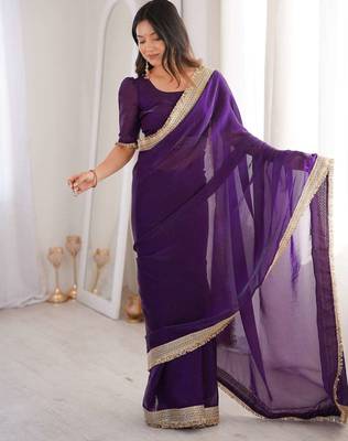 Purple satin embroidered sequins work heavy look ethnic saree with blouse 3