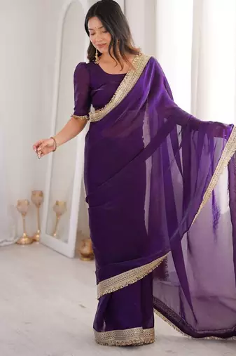 Purple satin embroidered sequins work heavy look ethnic saree with blouse