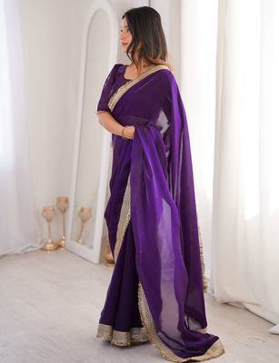 Purple satin embroidered sequins work heavy look ethnic saree with blouse 4