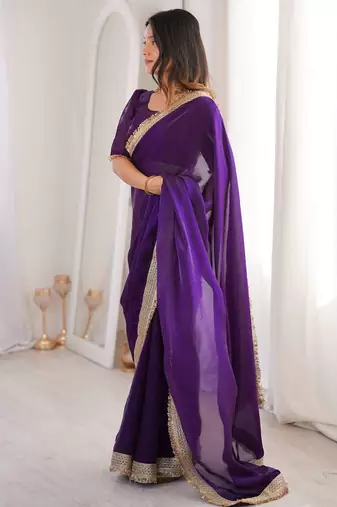 Purple satin embroidered sequins work heavy look ethnic saree with blouse