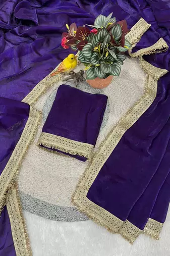 Purple satin embroidered sequins work heavy look ethnic saree with blouse