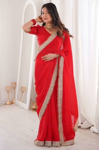 Red satin embroidered sequins work heavy look ethnic saree with blouse