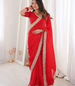 Red satin embroidered sequins work heavy look ethnic saree with blouse