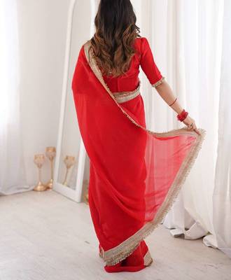 Red satin embroidered sequins work heavy look ethnic saree with blouse 2