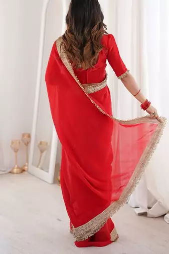 Red satin embroidered sequins work heavy look ethnic saree with blouse