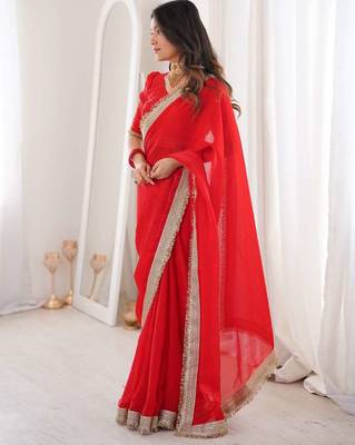 Red satin embroidered sequins work heavy look ethnic saree with blouse 3