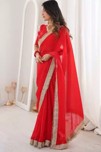 Red satin embroidered sequins work heavy look ethnic saree with blouse
