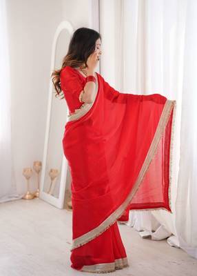 Red satin embroidered sequins work heavy look ethnic saree with blouse 4